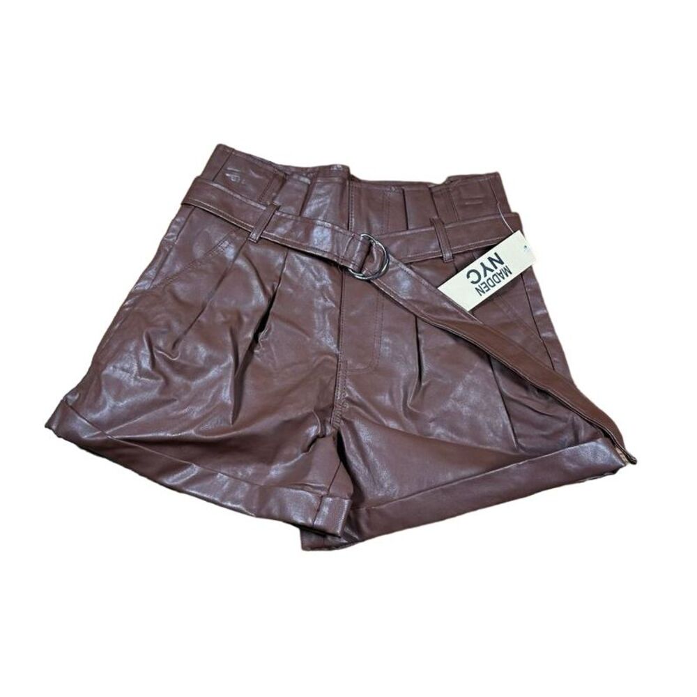 Madden NYC Brown Faux Leather‎ High-Waisted Belted Shorts XS